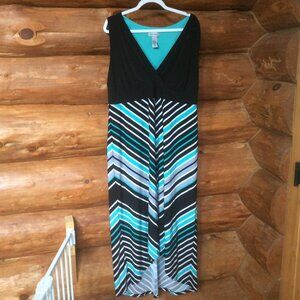 Catherines Black, Aqua, White & Gray Stripe Sleeveless V-Neck Maxi Dress Size OX